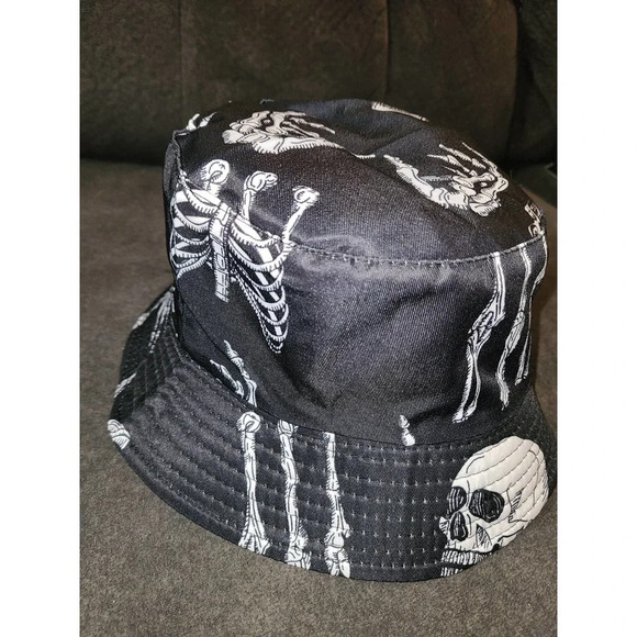 Women's Skull Print Bucket Hat Black Summer Reversible Fisherman Cap (AH) - Picture 3 of 5